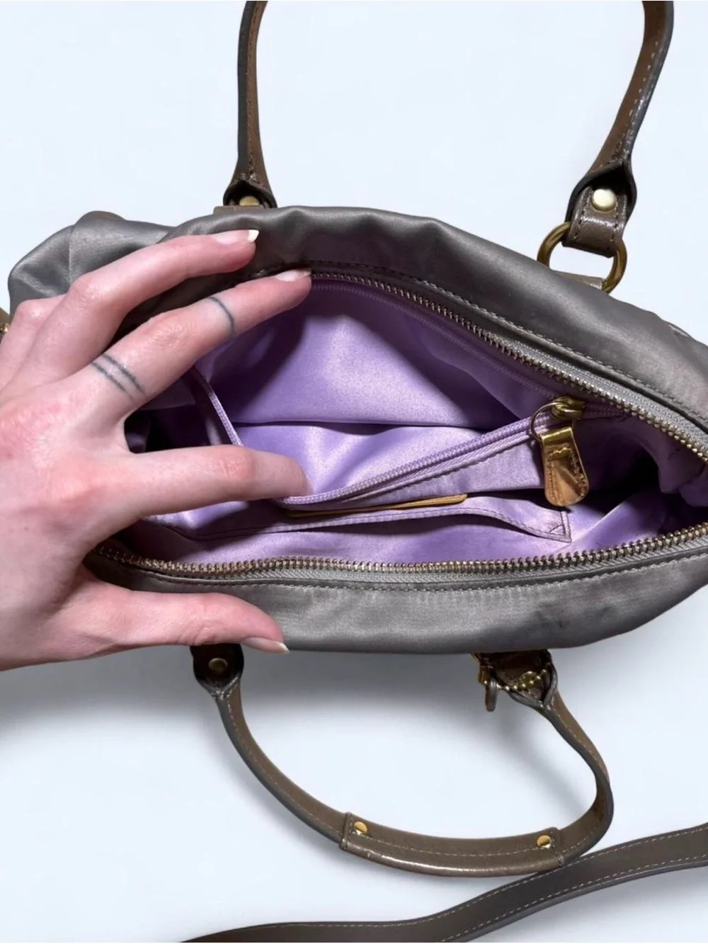 Coach Satin Purple Shoulder Bag with Brown Leather Trim